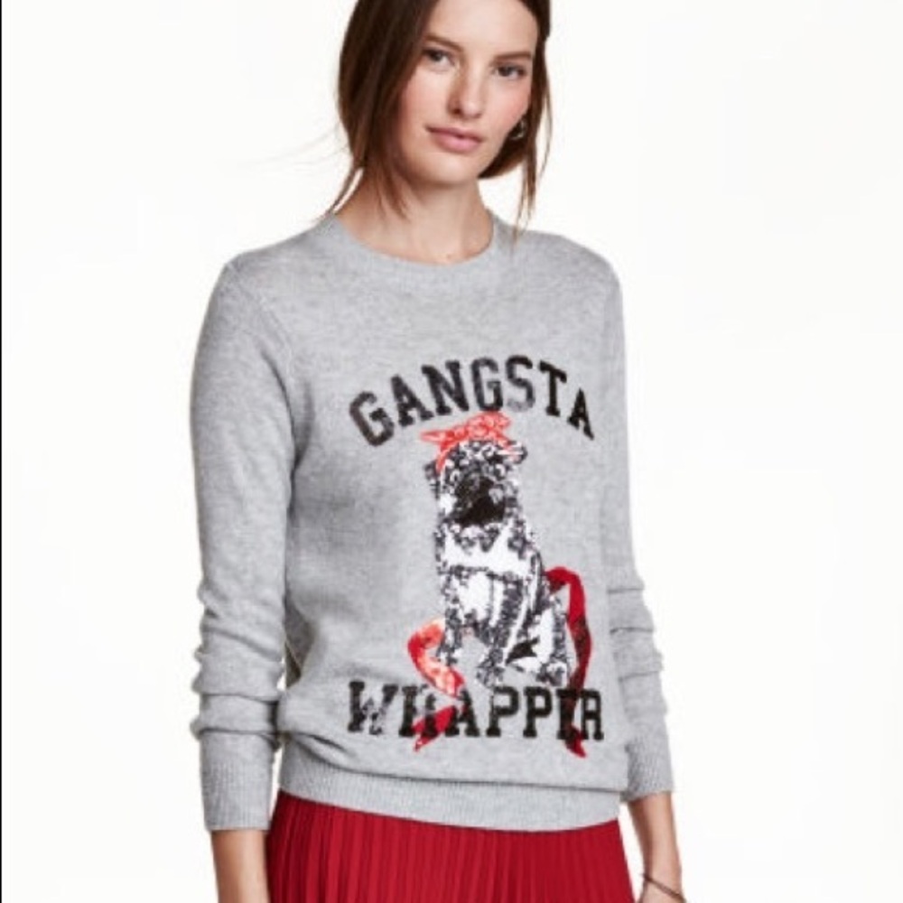 H&M Grey Knit Pug Sequin Graphic Sweater